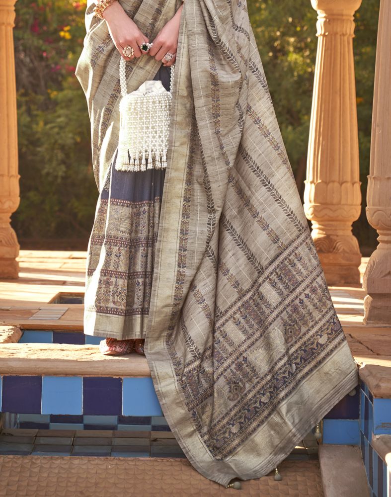 Beige Botanical Print Soft Silk Half And Half Saree