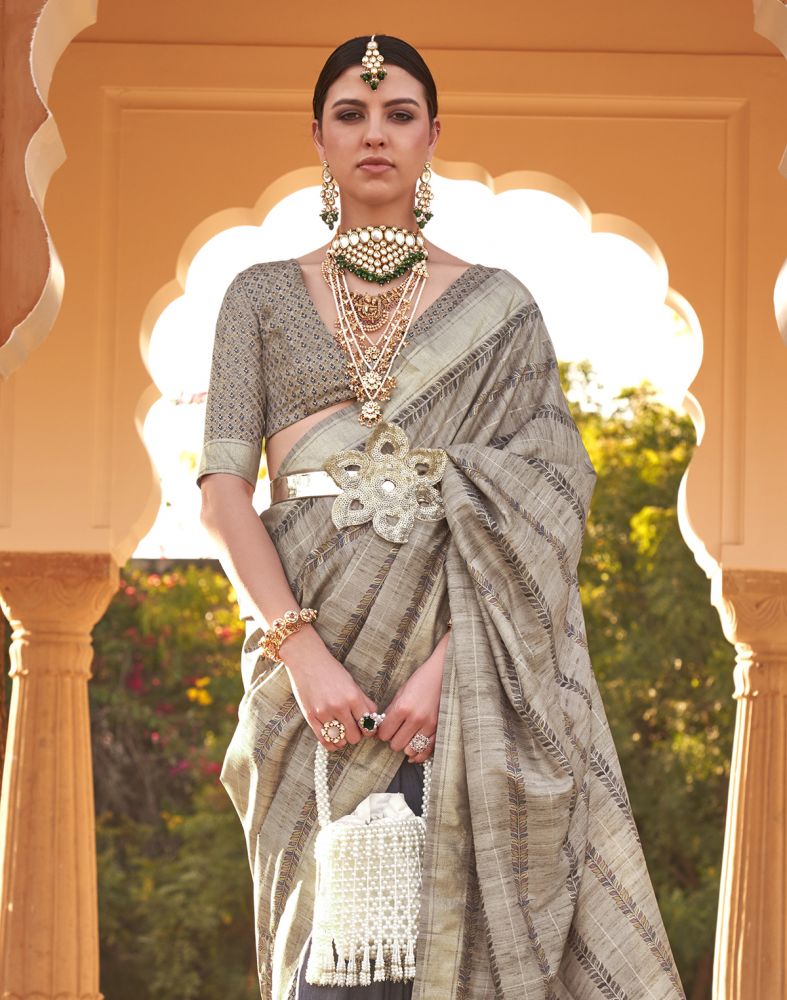 Beige Botanical Print Soft Silk Half And Half Saree