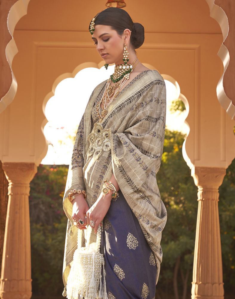 Beige Botanical Print Soft Silk Half And Half Saree
