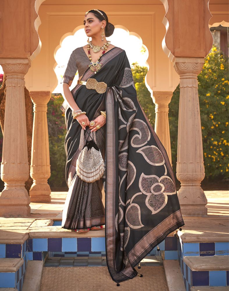 Black Chevron Print Half And Half Soft Silk Saree