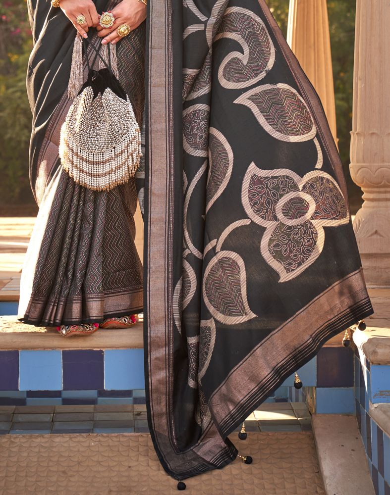 Black Chevron Print Half And Half Soft Silk Saree