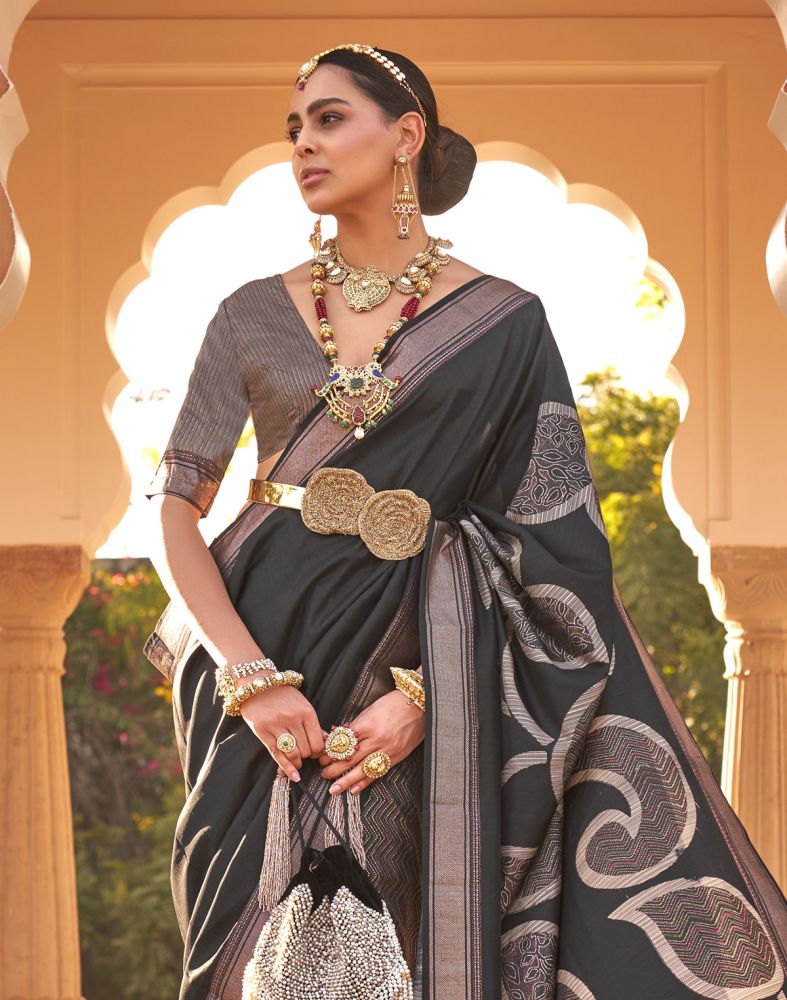Black Chevron Print Half And Half Soft Silk Saree
