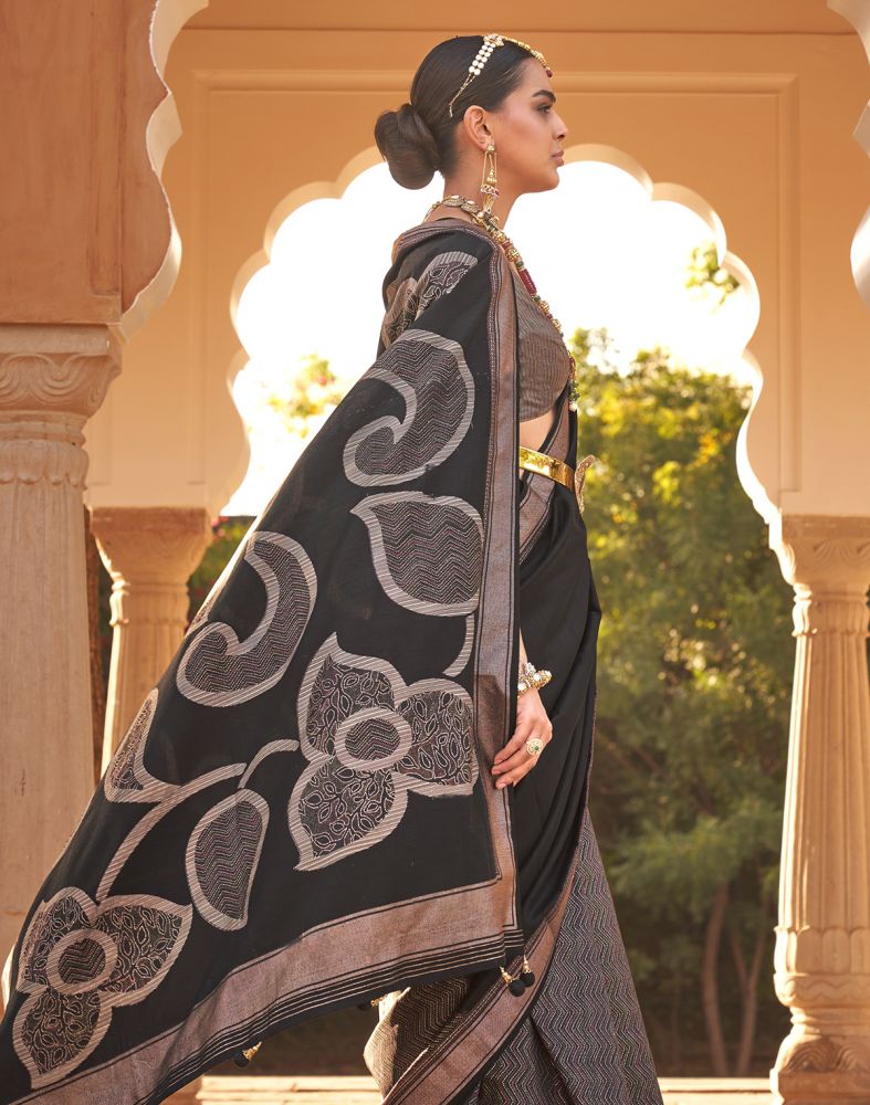 Black Chevron Print Half And Half Soft Silk Saree