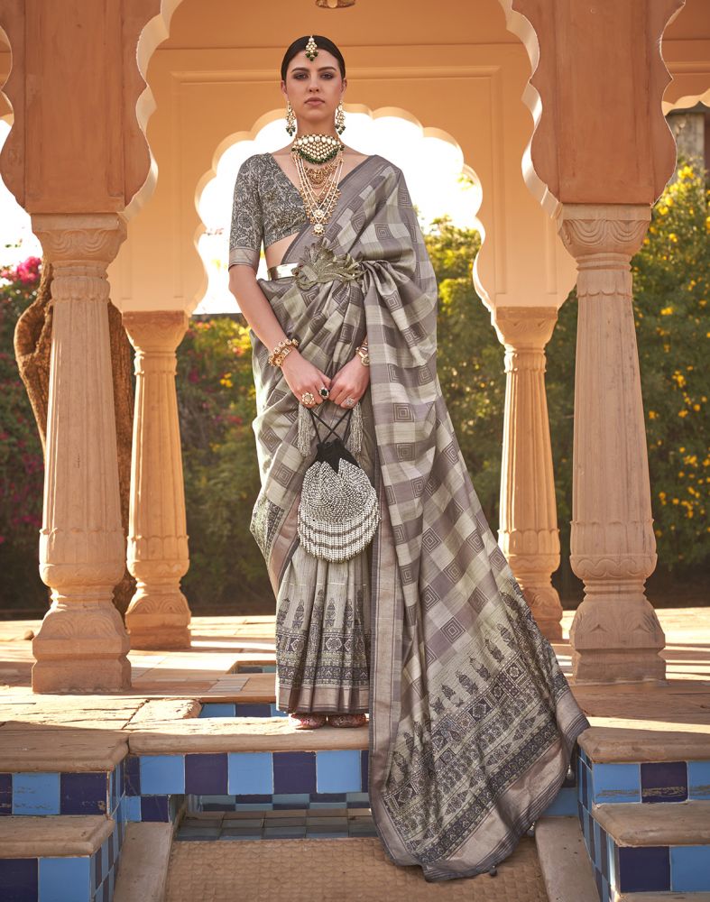 Beige Geometric Print Soft Silk Half And Half Saree