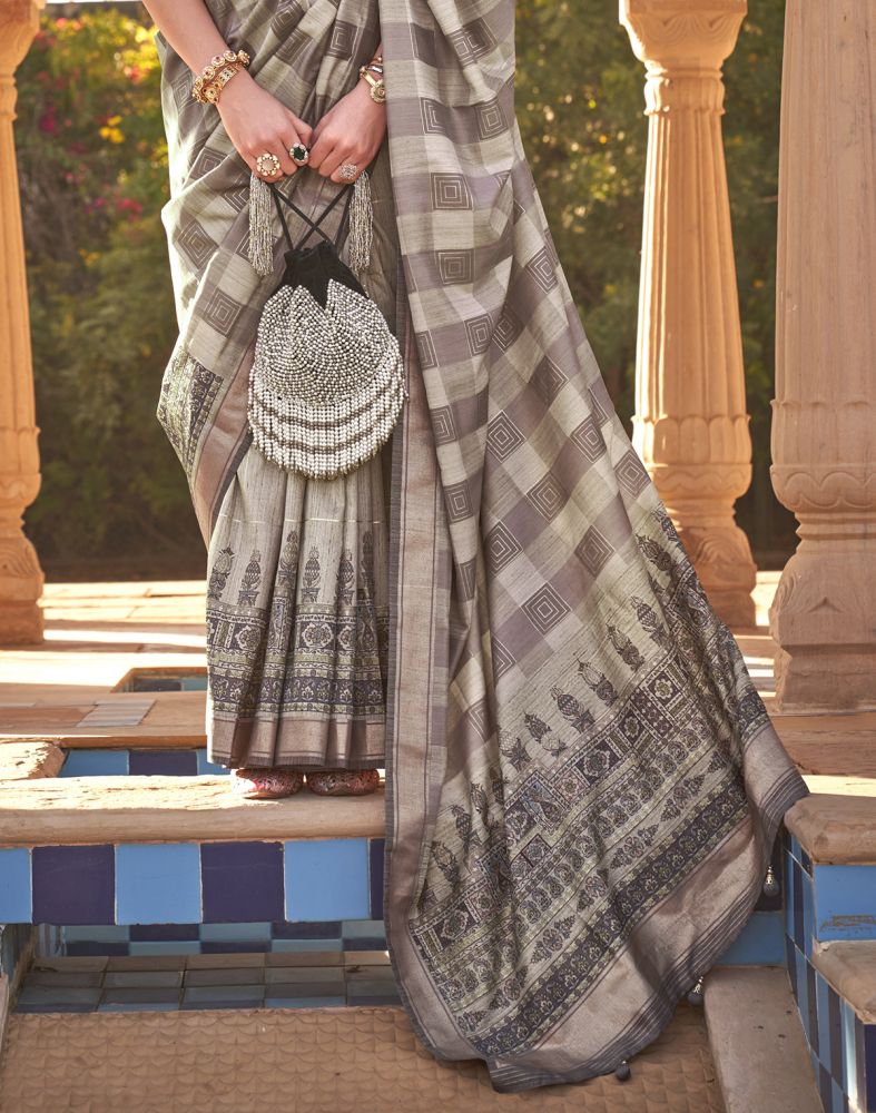 Beige Geometric Print Soft Silk Half And Half Saree