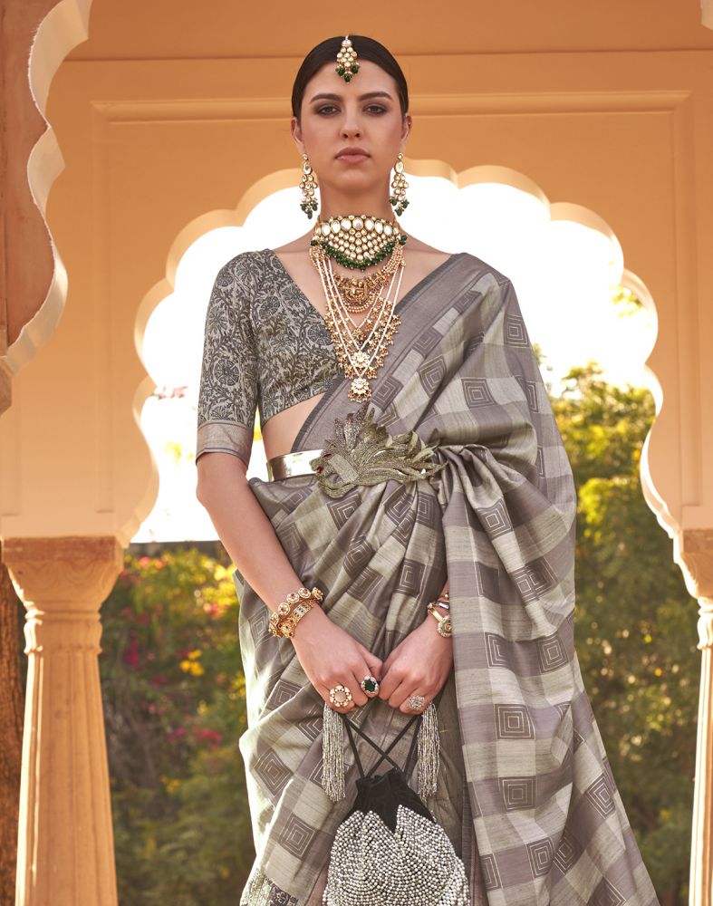Beige Geometric Print Soft Silk Half And Half Saree