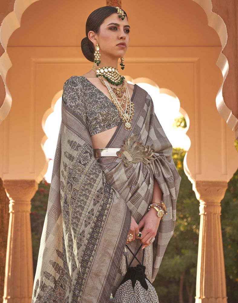 Beige Geometric Print Soft Silk Half And Half Saree