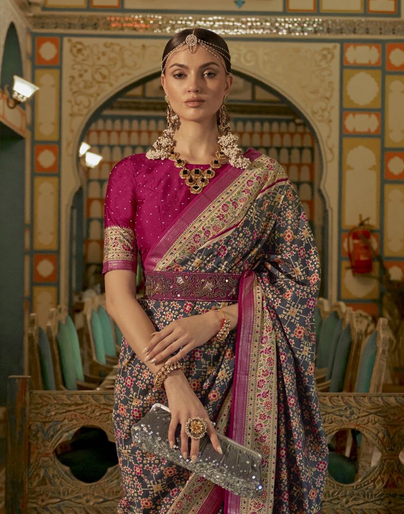 Stylish Black Ikat Print Patola Fancy Saree