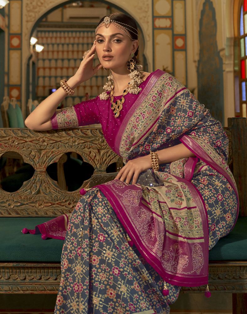 Stylish Black Ikat Print Patola Fancy Saree