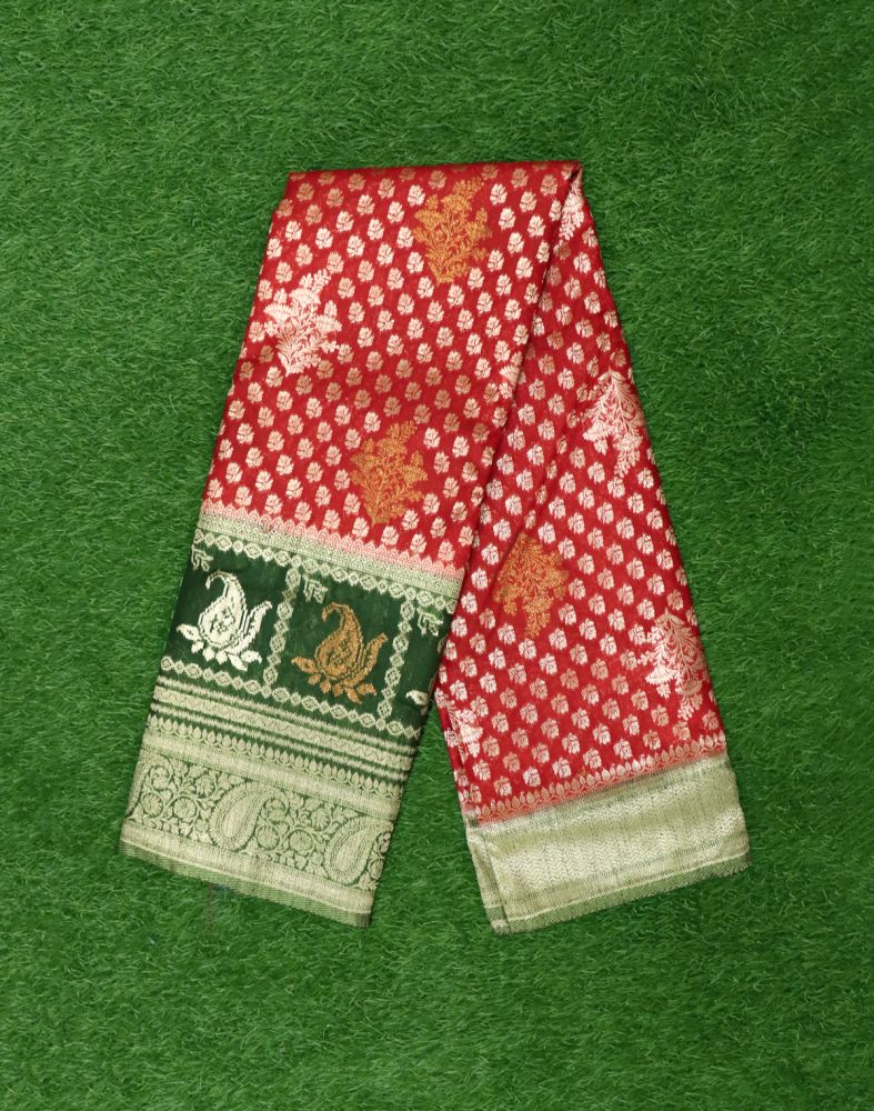 Red Botanical Zari Art Linen Saree
