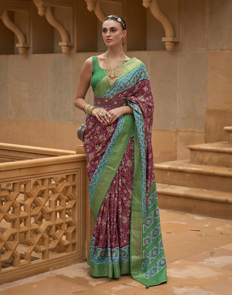 Maroon Color Ikat Print Patola Fabric Saree