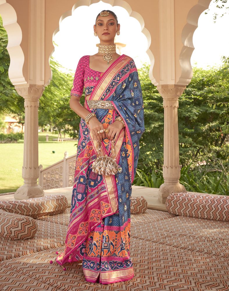 Ivory Blue Ikat Mirror Work Patola Saree