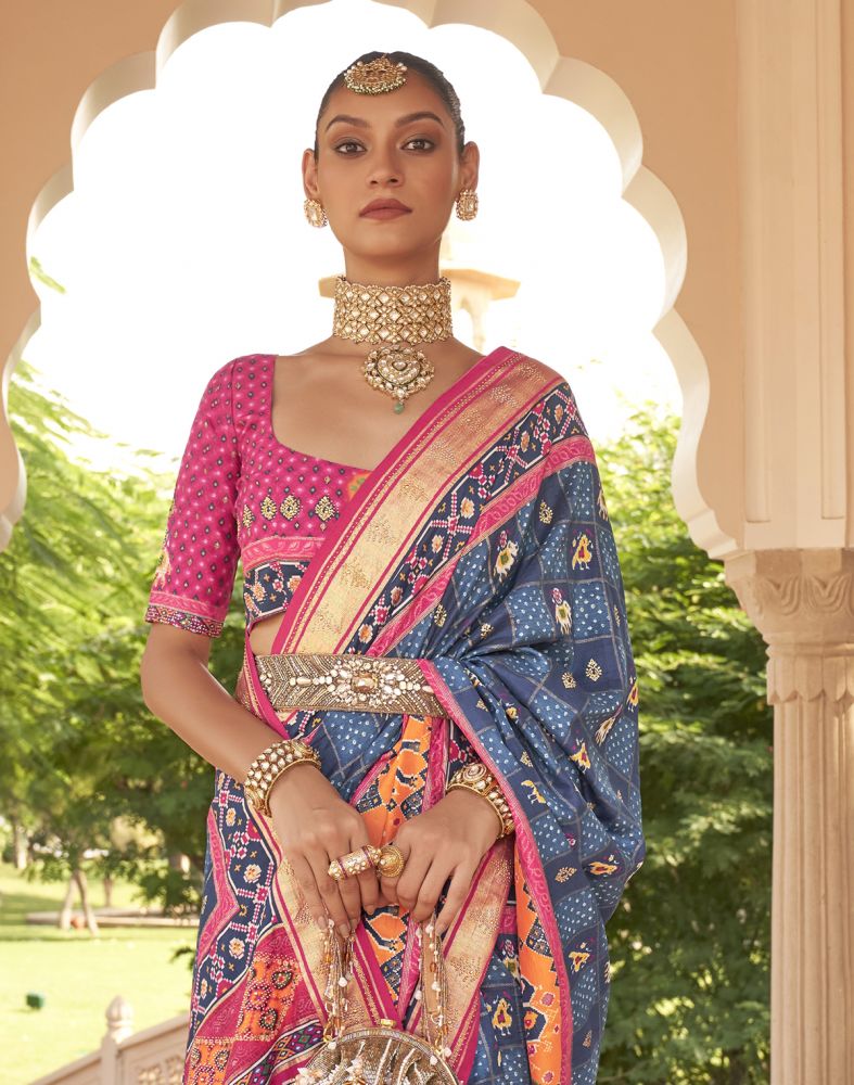 Ivory Blue Ikat Mirror Work Patola Saree