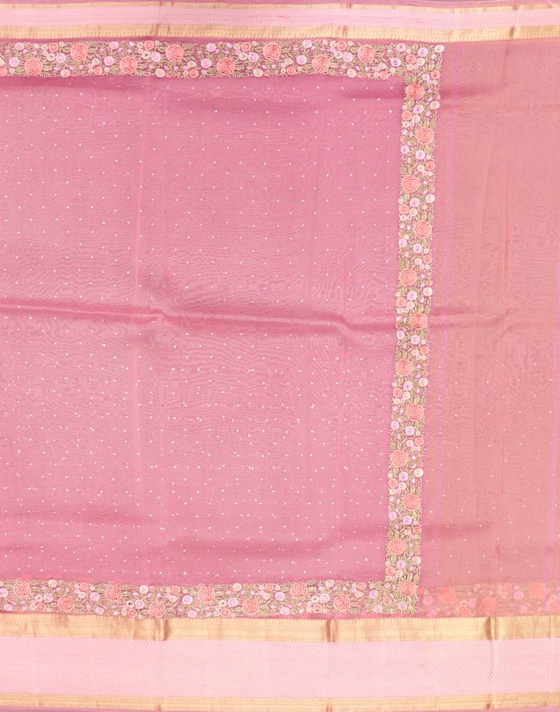Pink Plain Embossed Work Kora Saree