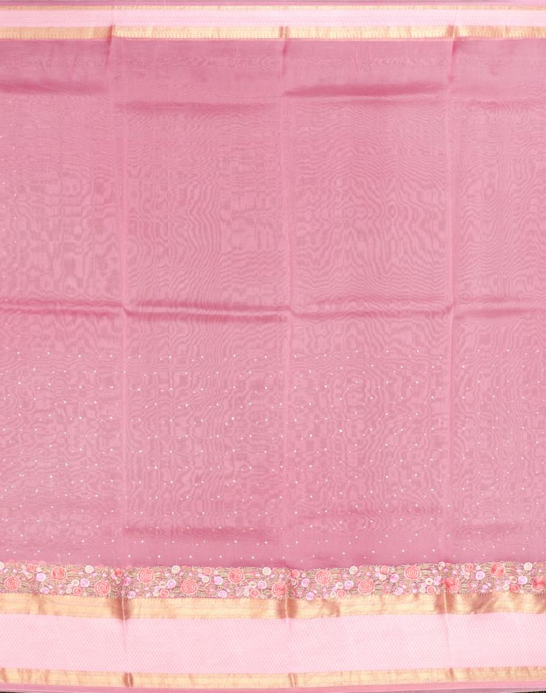 Pink Plain Embossed Work Kora Saree