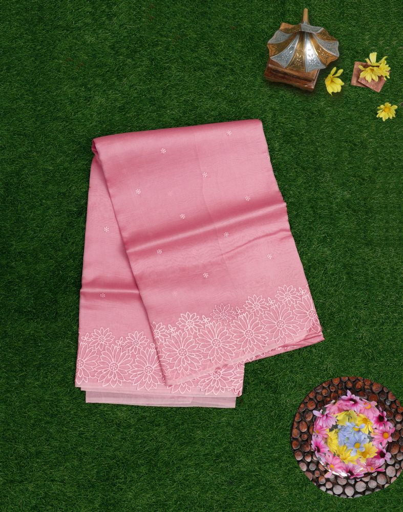 Peach Coloured Floral Embroidery Work Kora Saree