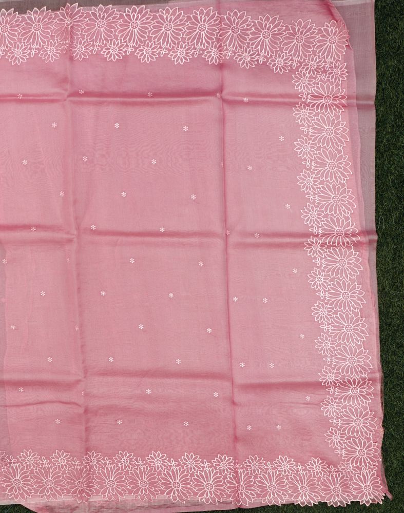 Peach Coloured Floral Embroidery Work Kora Saree