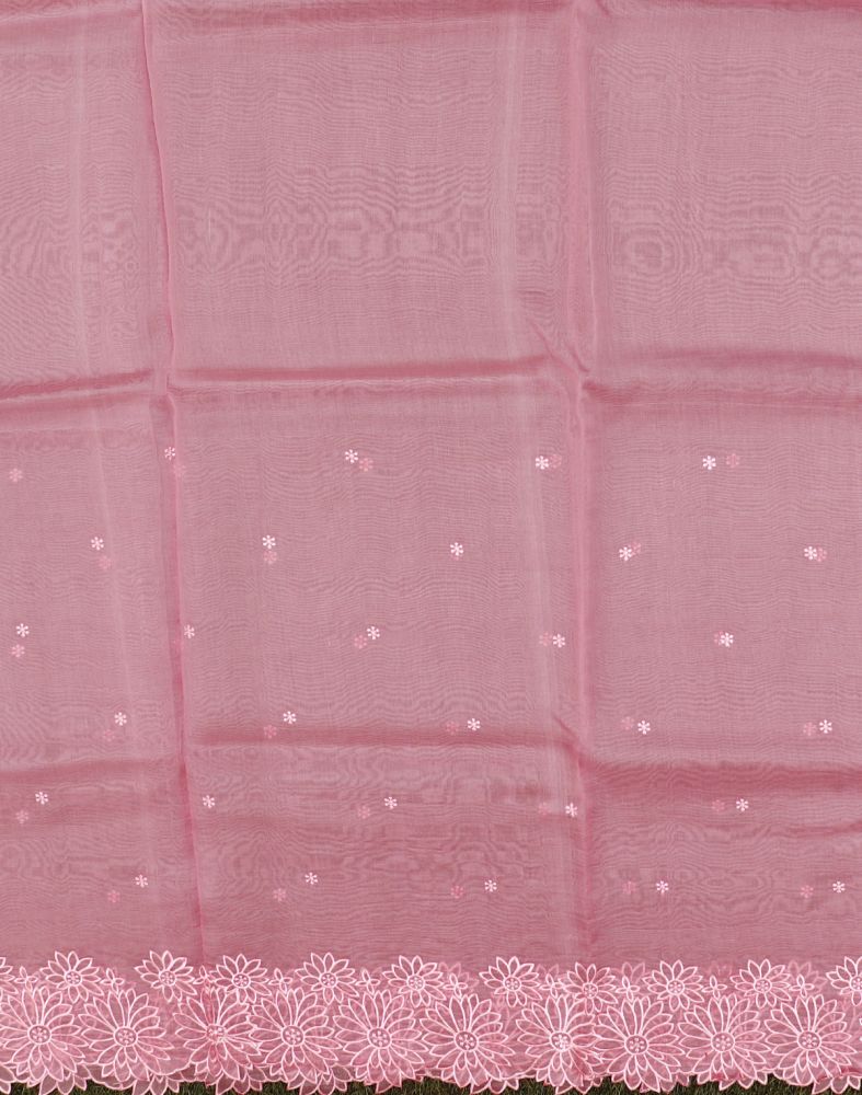 Peach Coloured Floral Embroidery Work Kora Saree