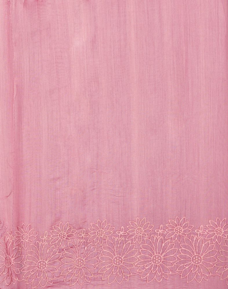 Peach Coloured Floral Embroidery Work Kora Saree