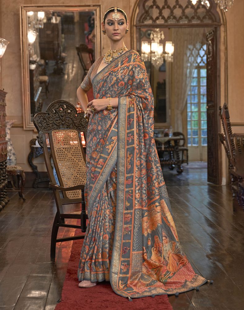 Beautiful Grey Floral Patola Mica Print Saree
