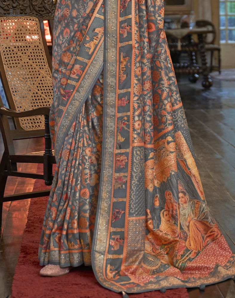 Beautiful Grey Floral Patola Mica Print Saree