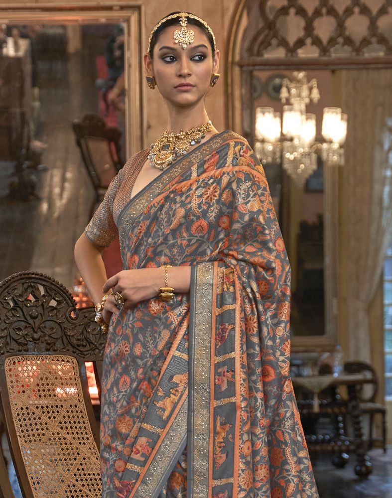 Beautiful Grey Floral Patola Mica Print Saree