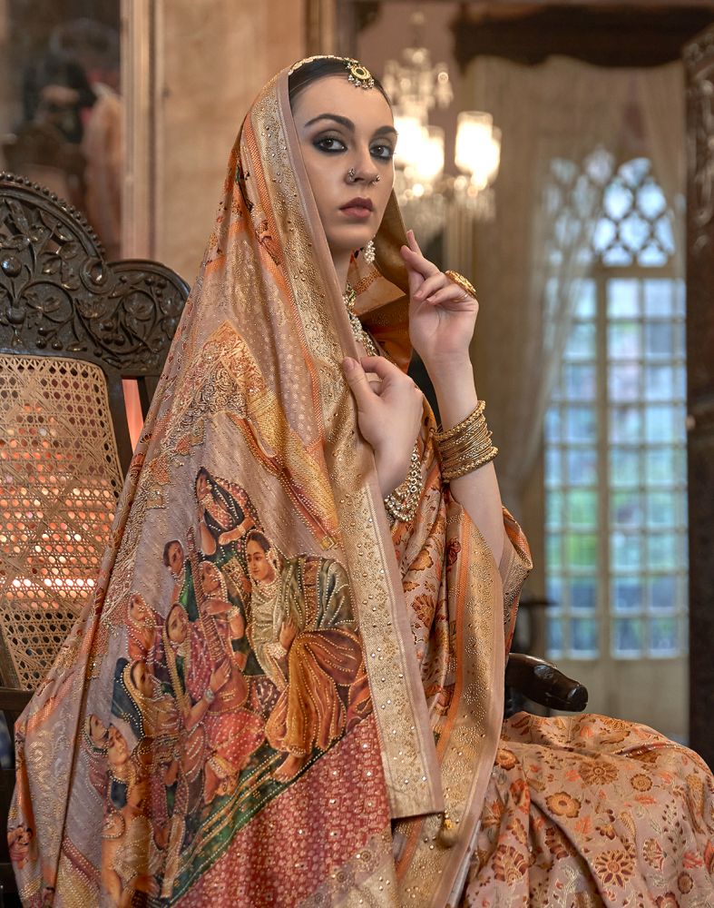 Blissful Peach Colour Floral Mica Print Patola Saree