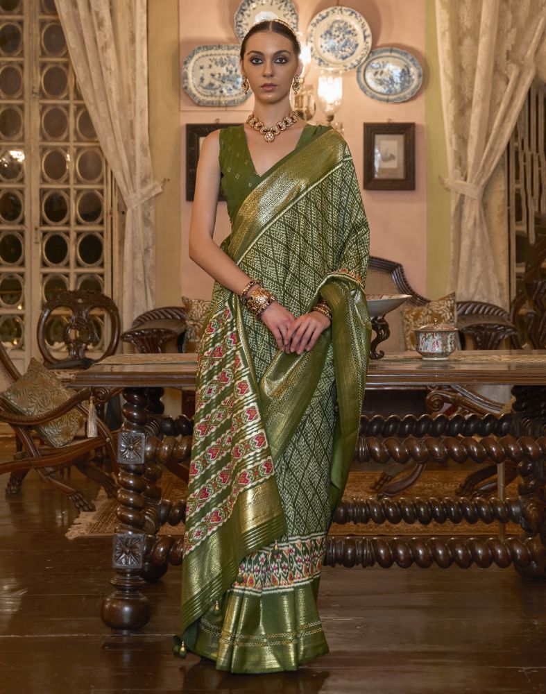 Mehendi Green Geometric Print Param Patola Saree