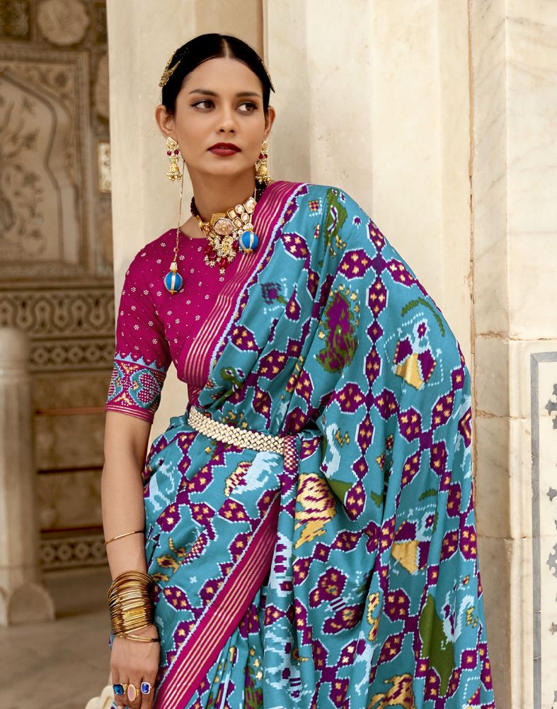 Sky Blue Ikat Print Patola Silk Saree