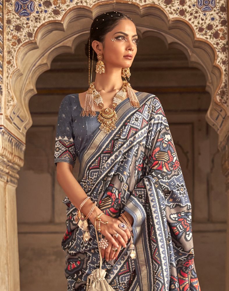 Dusky Grey Ikat Print Patola Silk Saree