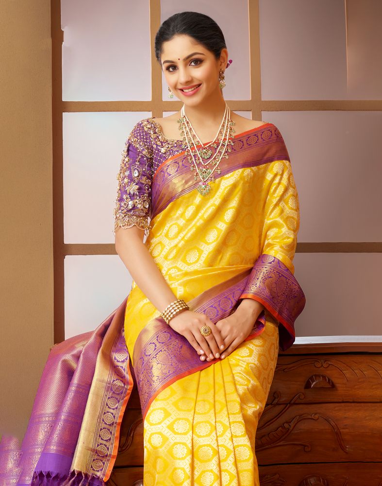 Exclusive Yellow Coloured Floral Design Pure Silk Saree