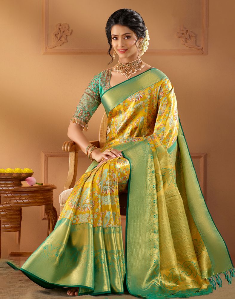 Mustard Floral design Kanchi Pure Silk Saree