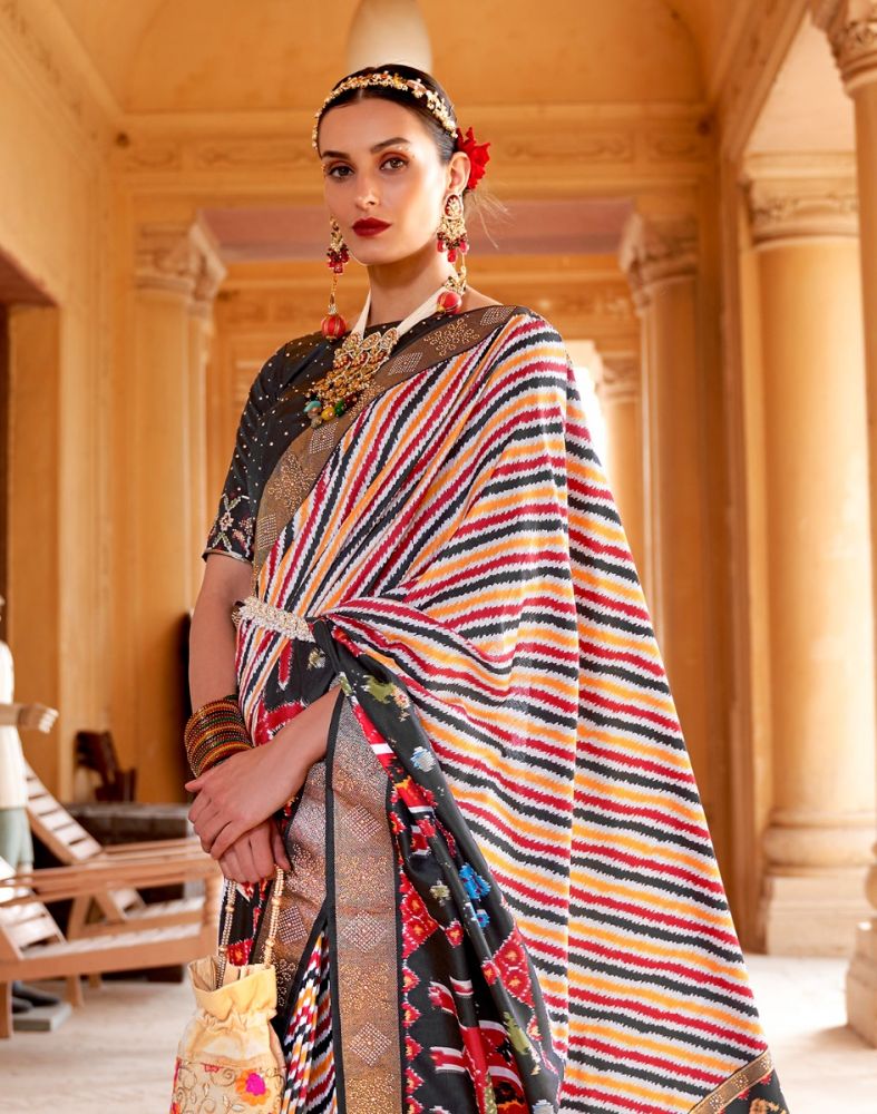 Multi Color Ethnic Motifs Mica Print Patola Saree