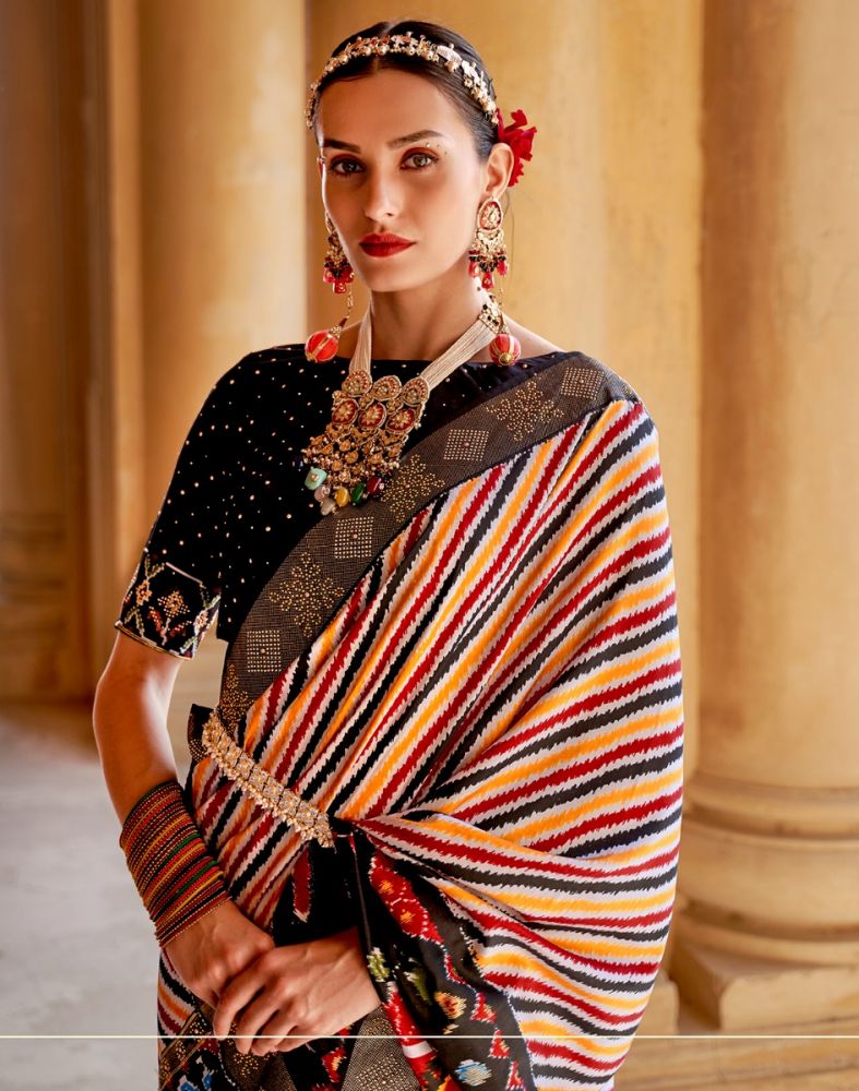 Multi Color Ethnic Motifs Mica Print Patola Saree