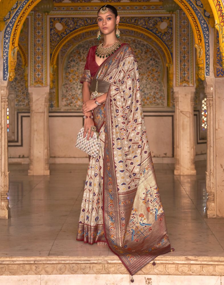 Stylish Brown and Maroon Patola Silk Saree