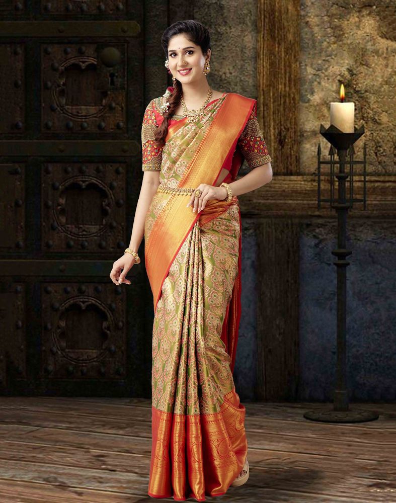 Luxurious Mehendi Green Pure Kanchi Tissue Saree
