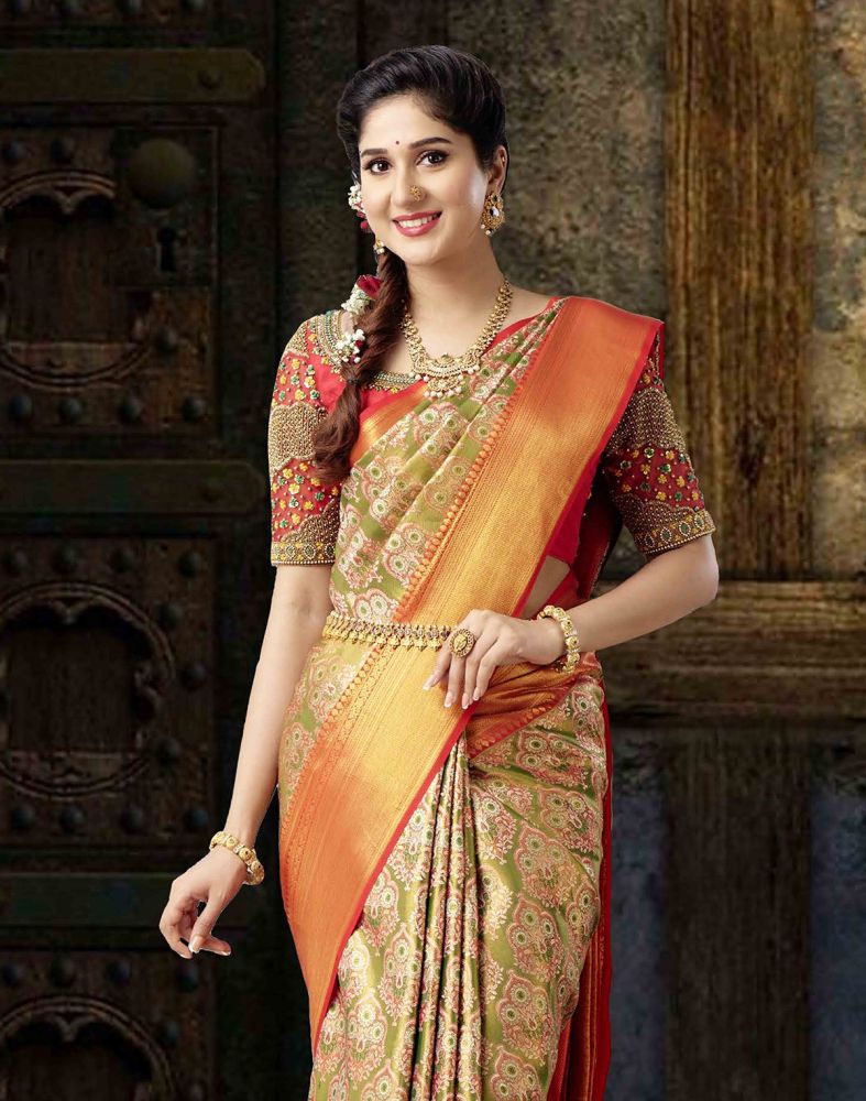 Luxurious Mehendi Green Pure Kanchi Tissue Saree