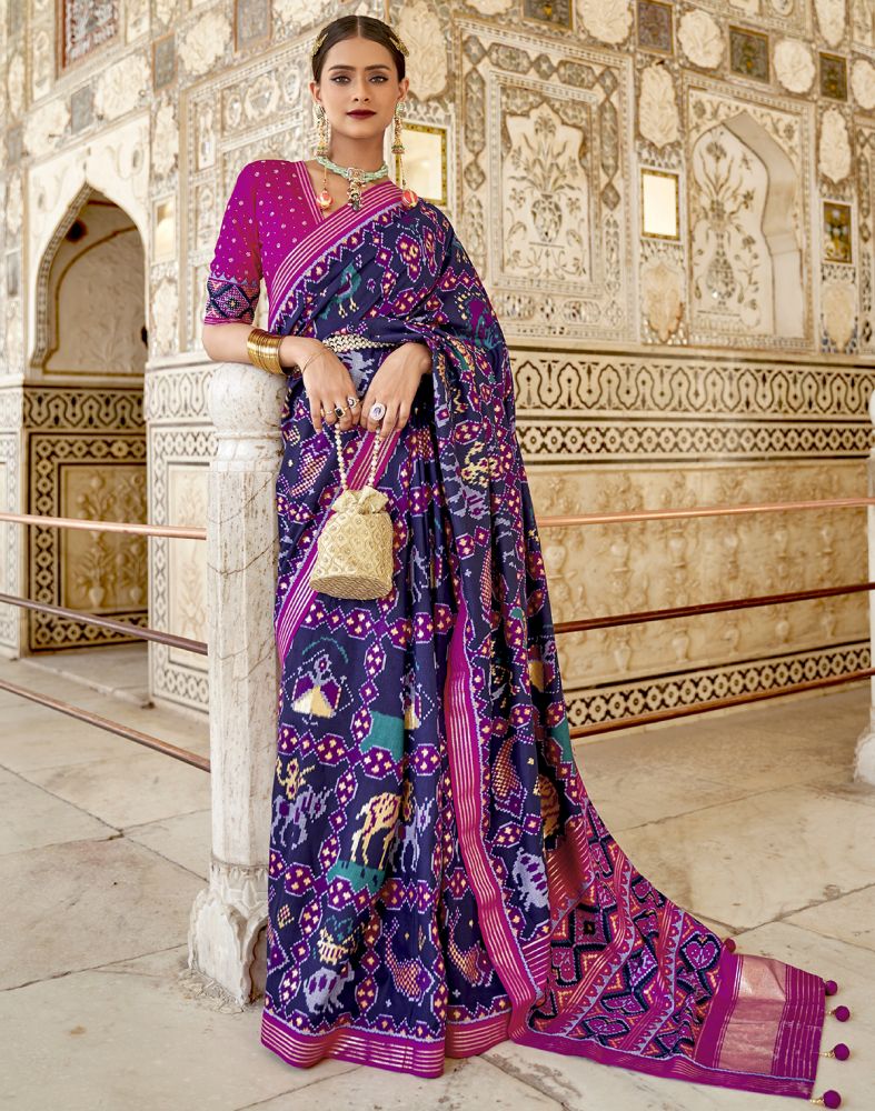 Ikat Pattern Navy Blue Patola Weaving Saree