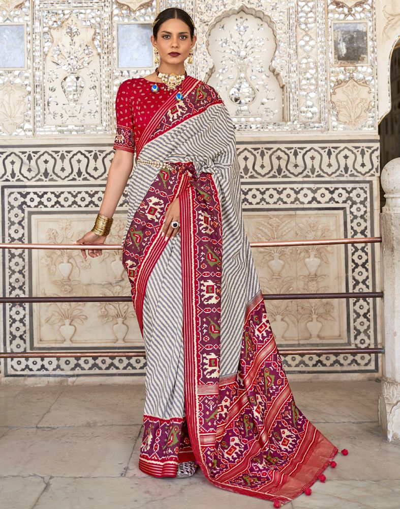 Grey And Red Weaving Patola Saree