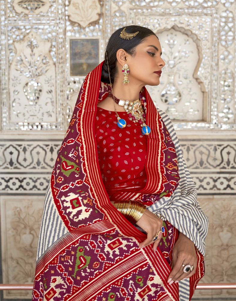 Grey And Red Weaving Patola Saree