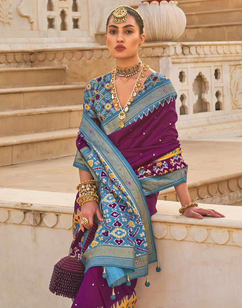 Ideal Purple Patola Mirror Work Saree