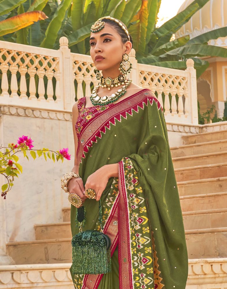 Mehendi Green Patola Mirror work Saree