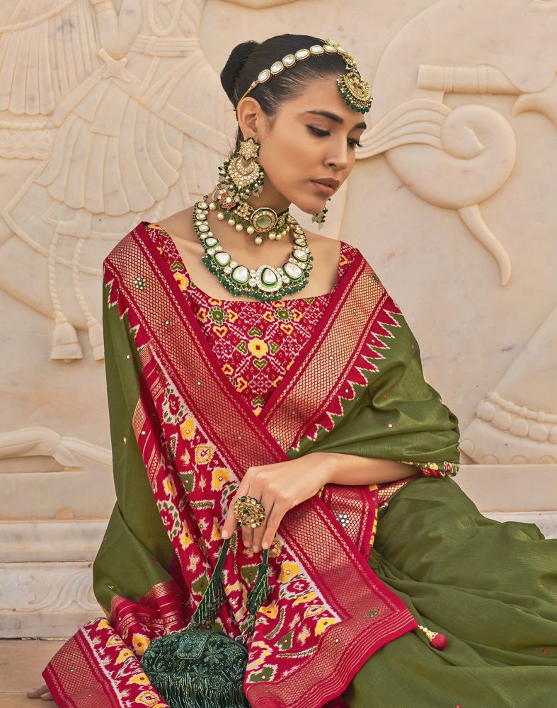 Mehendi Green Patola Mirror work Saree
