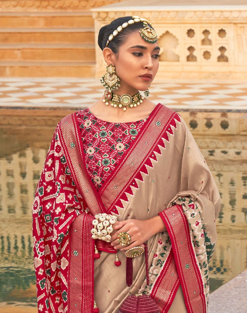 Beige Coloured Patola Mirror Work Saree