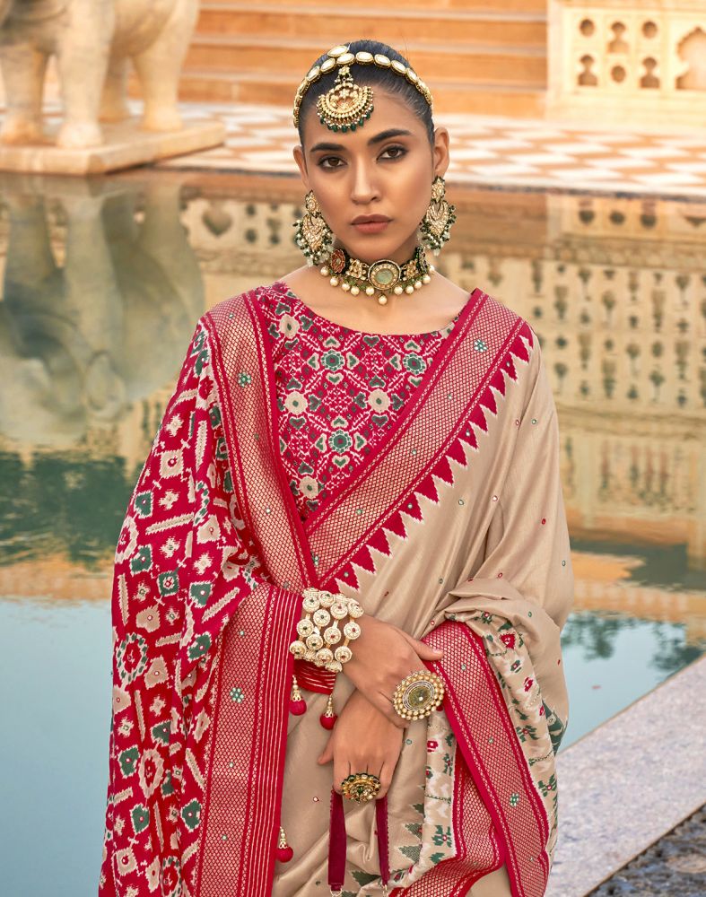 Beige Coloured Patola Mirror Work Saree