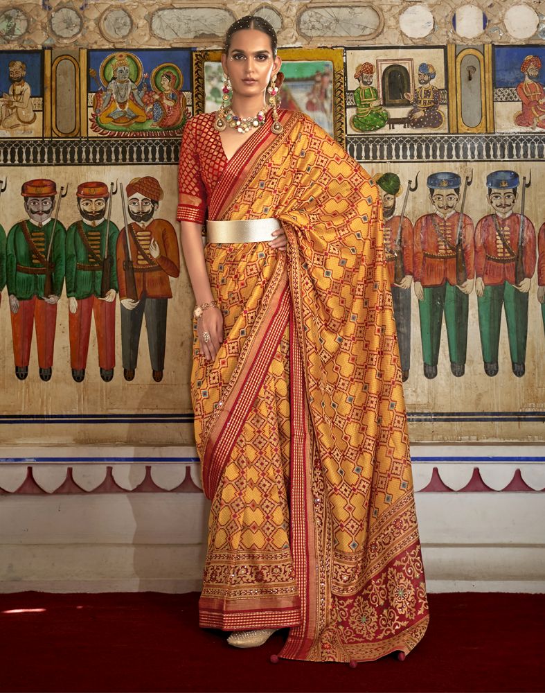 Exclusive Mustard Coloured Geometric Printed Patola Saree
