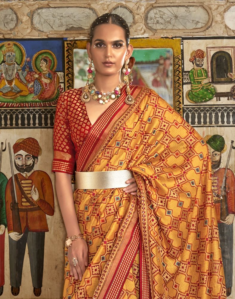 Exclusive Mustard Coloured Geometric Printed Patola Saree