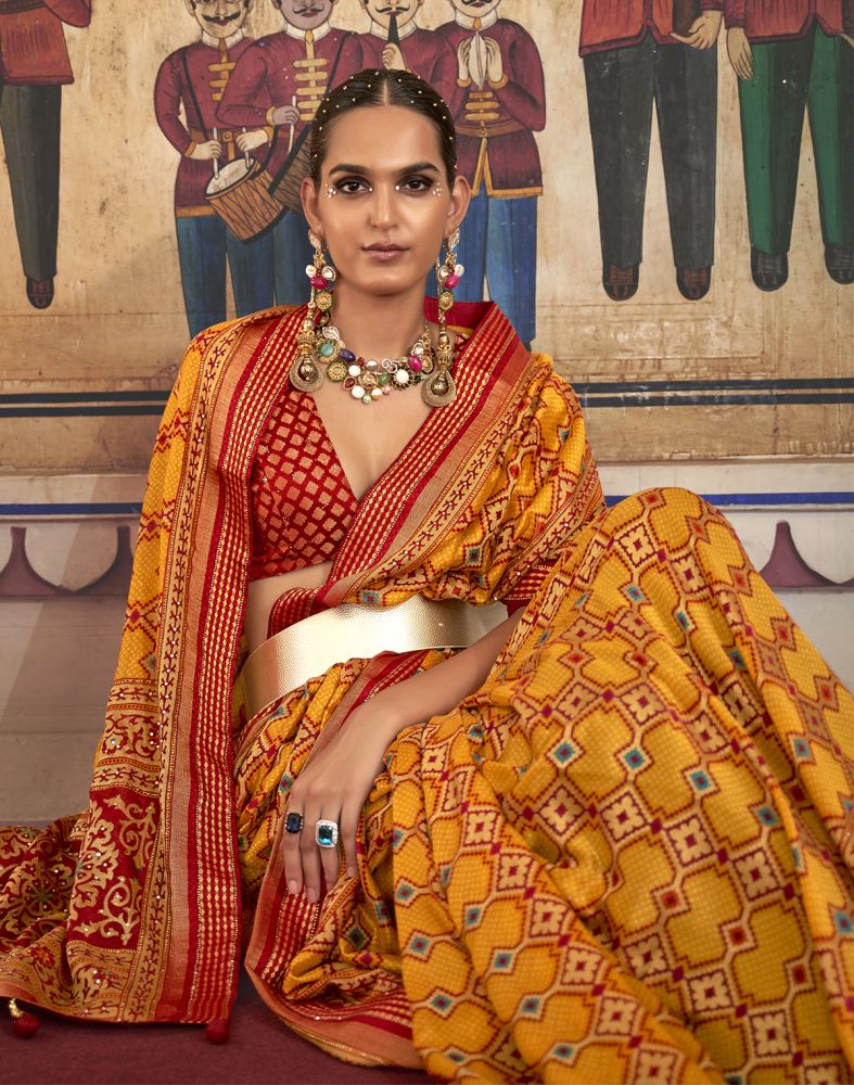 Exclusive Mustard Coloured Geometric Printed Patola Saree