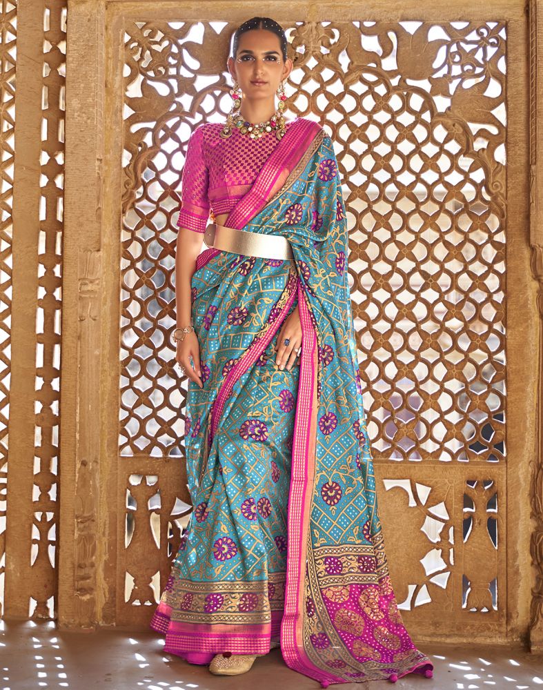 Stylish Sky Blue Botanical Prin Patola Saree