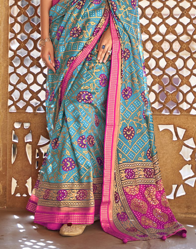 Stylish Sky Blue Botanical Prin Patola Saree